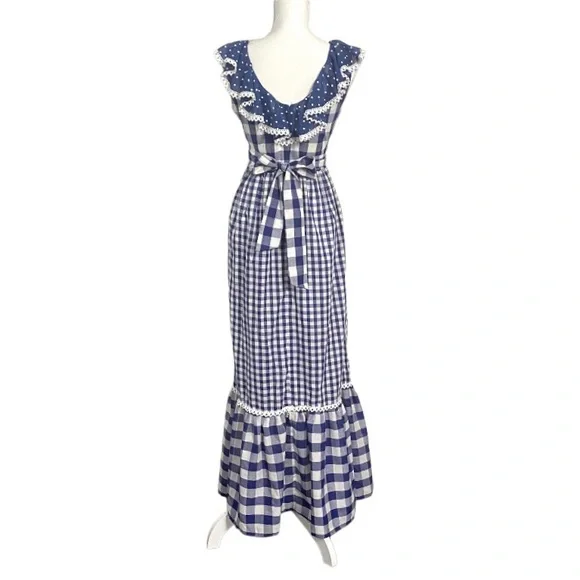 Vintage 70s Blue Gingham Maxi Dress White Checkered Prairie Dress Plaid Long - Picture 8 of 14